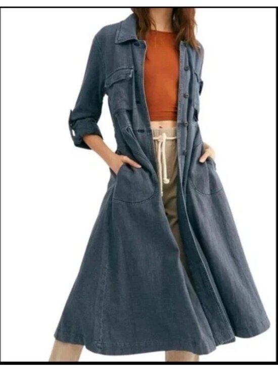 Free People Jackets & Blazers - Free People Women’s Size M Duster Coat Dress Long Blue Button Front Boho